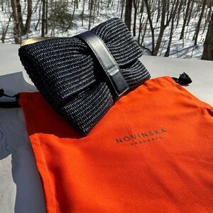 NOVINSKA Black Woven Foldover Raffia Clutch Bag Lamb Leather